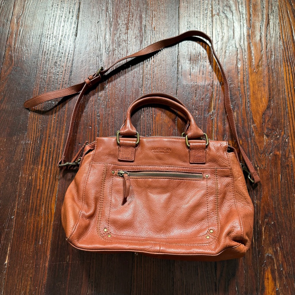 American Leather Co Satchel Purse Cognac Brown Crossbody Handbag Boho